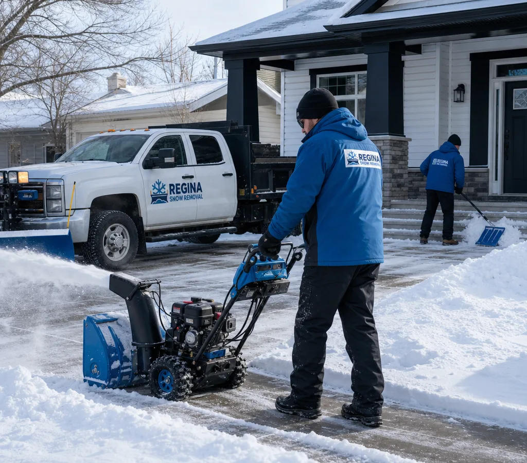 Crew clearing a Regina driveway and sidewalk after fresh snowfall