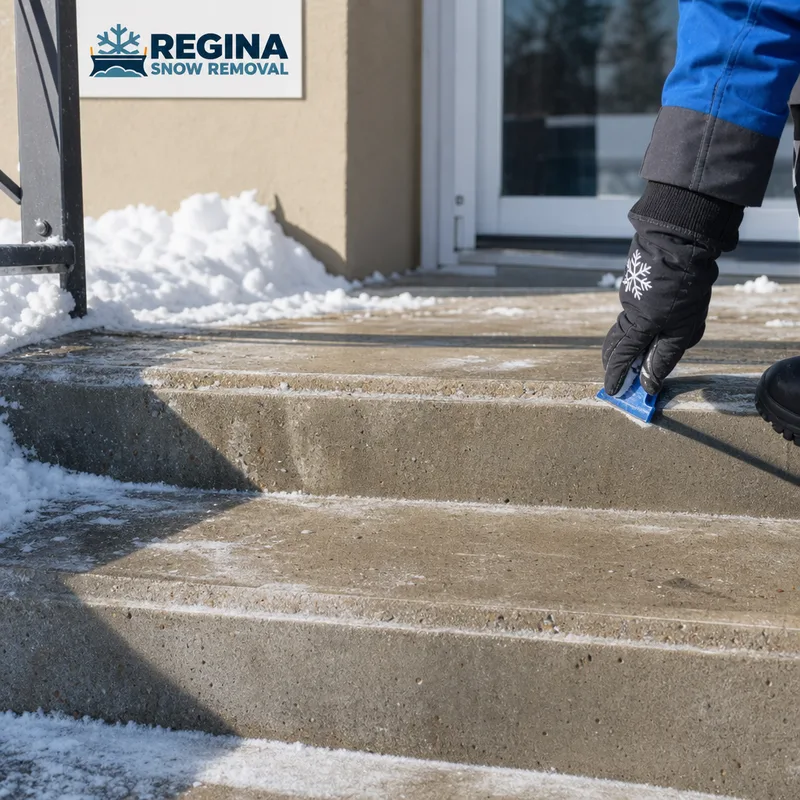 Cleaned residential stairs and landing with edges cleared to reduce refreeze ridges