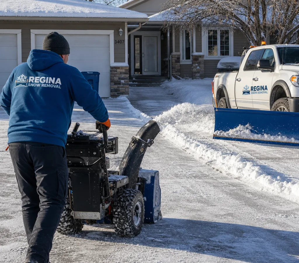 Residential driveway and walkway cleared after overnight snowfall in Regina