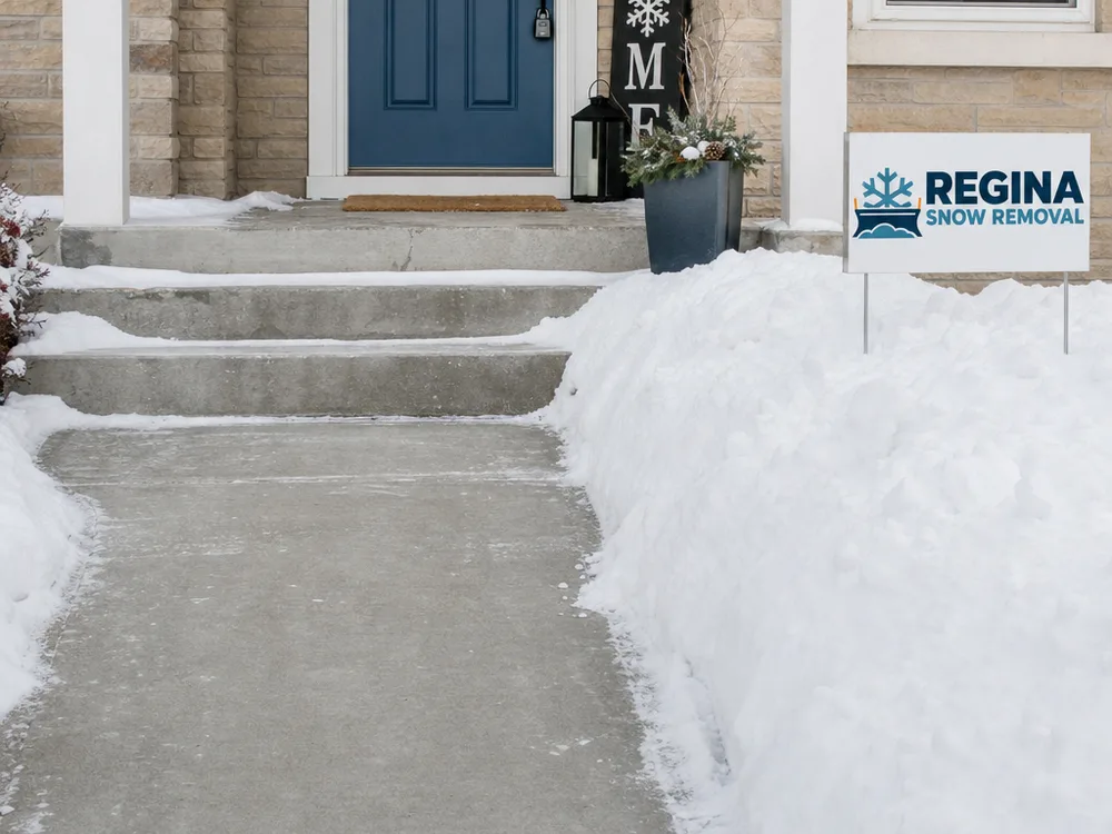 Cleared residential steps and walkway with snow stacked away from the main path