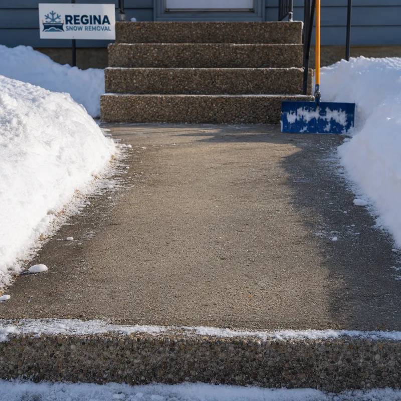 Sidewalk and front steps cleared evenly with careful attention to curb and ramp edges