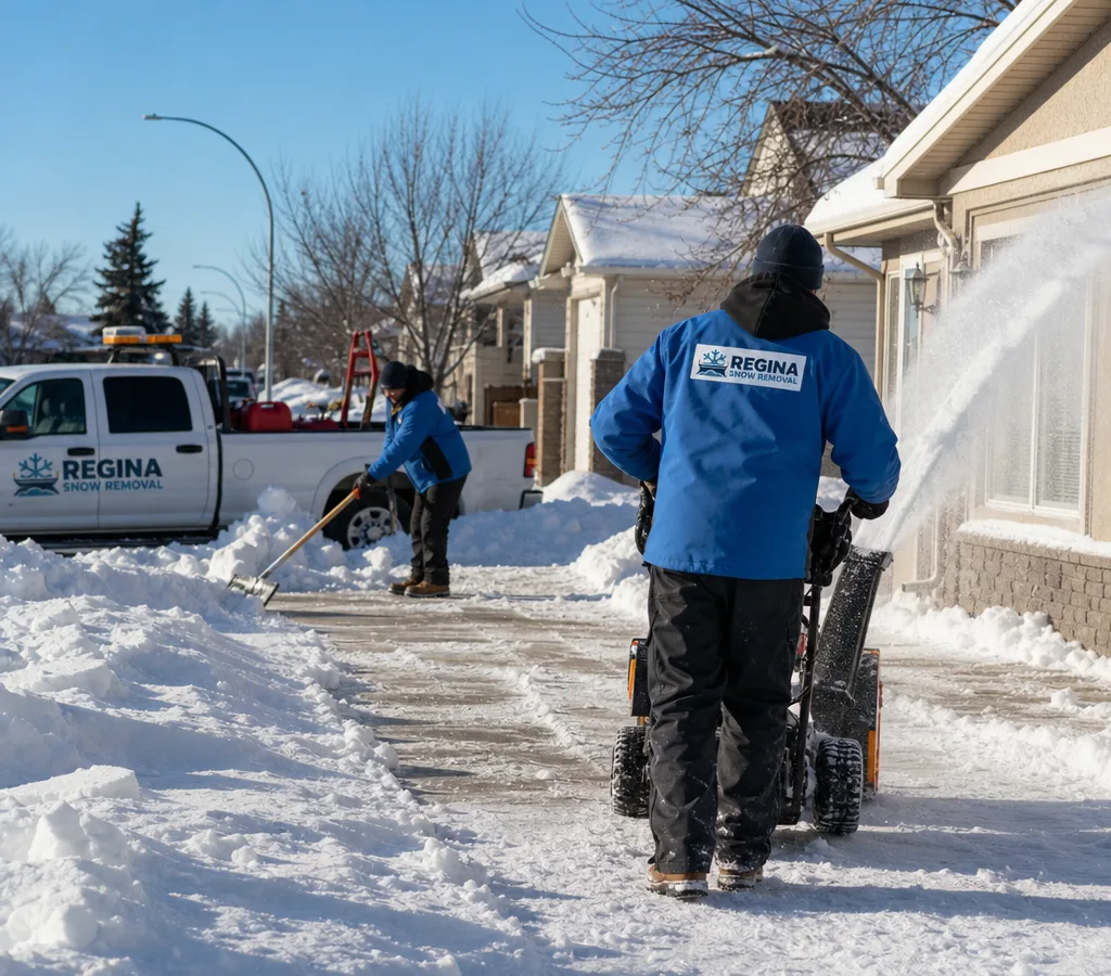 Professional crew clearing a Regina residential driveway and sidewalk after overnight snowfall