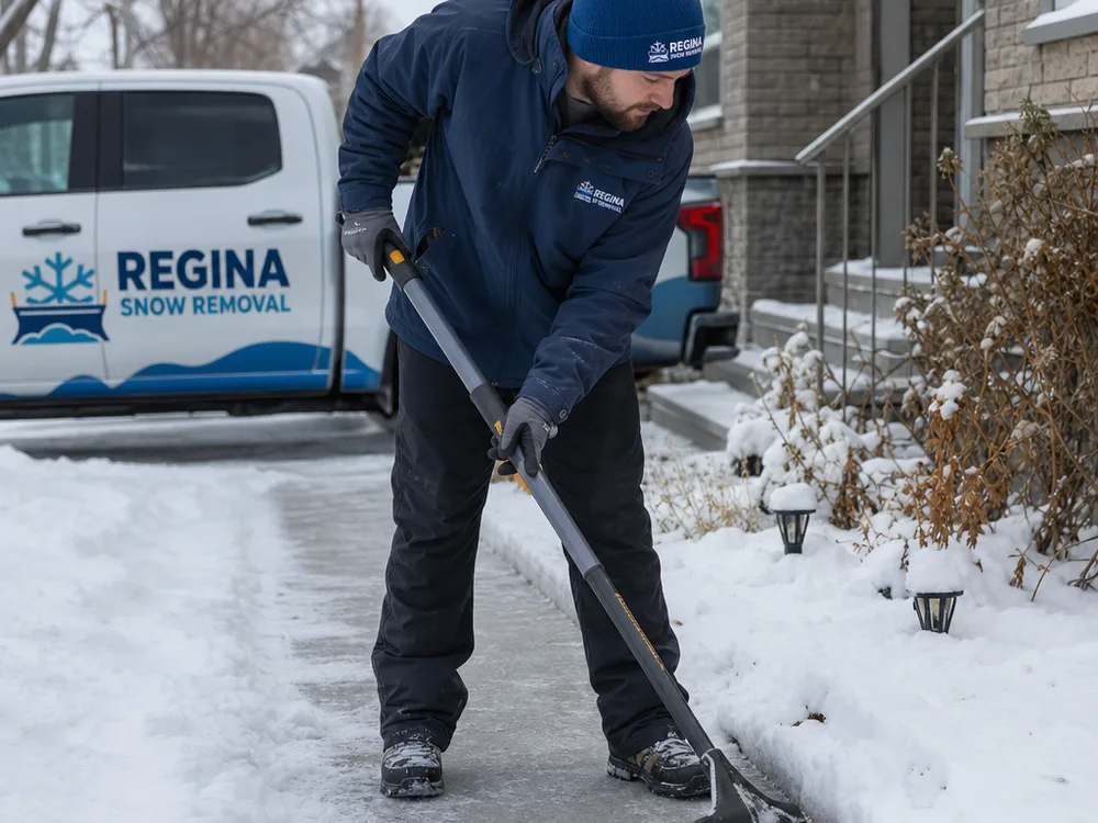Careful snow clearing along a Regina residential sidewalk, steps, curb, and landscaping