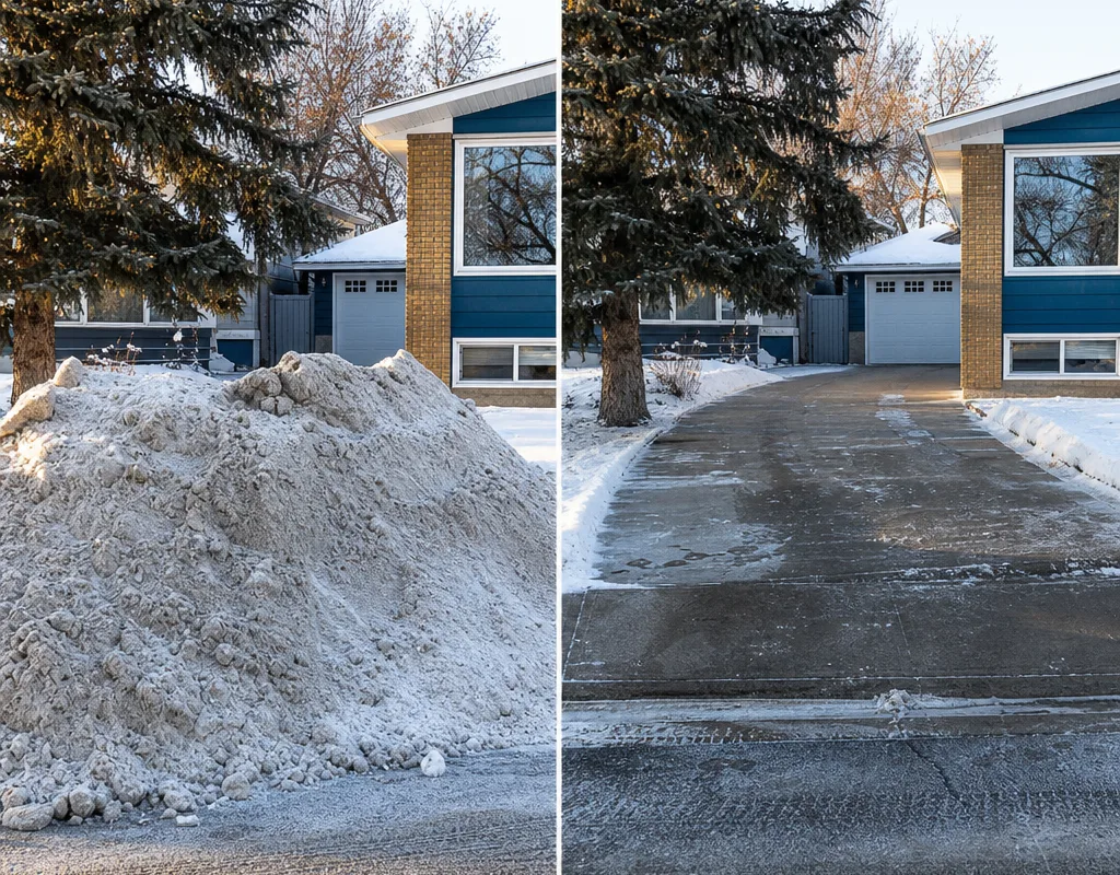 Before and after view of a drifted driveway entrance and removed street-plow berm