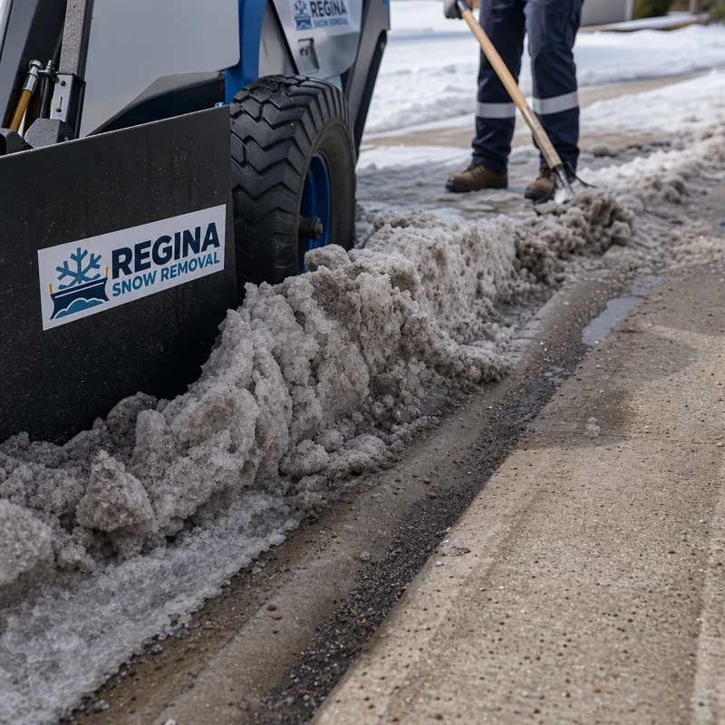 Heavy curb windrow being removed beside a cleared Regina driveway and sidewalk