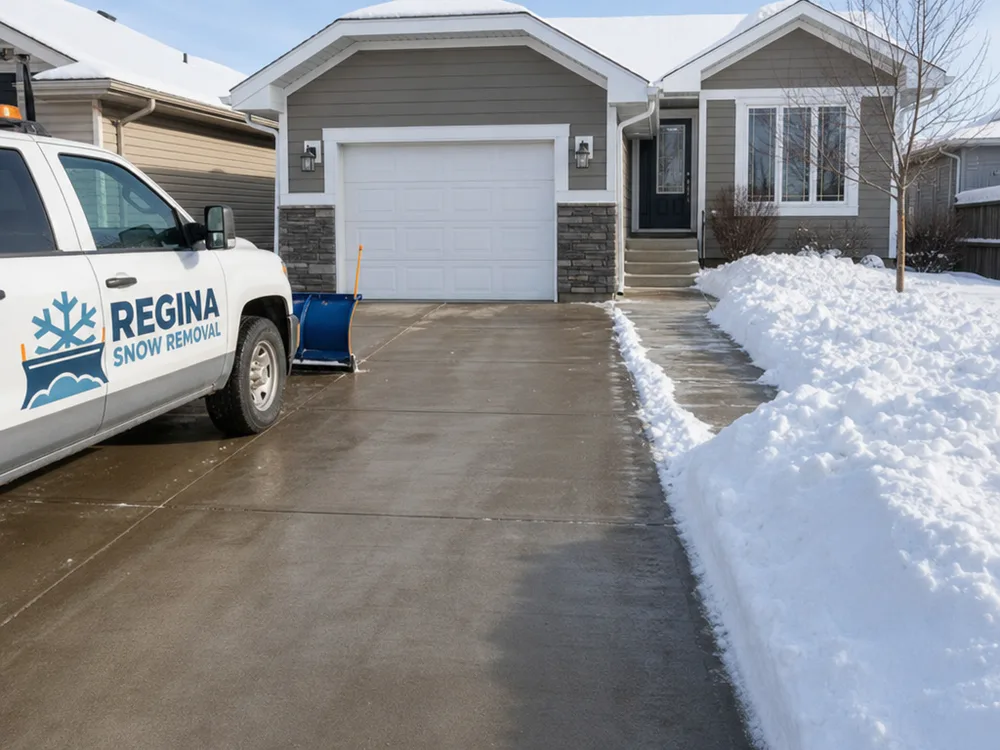 Cleared single-car driveway and front walkway with snow stacked neatly on the lawn