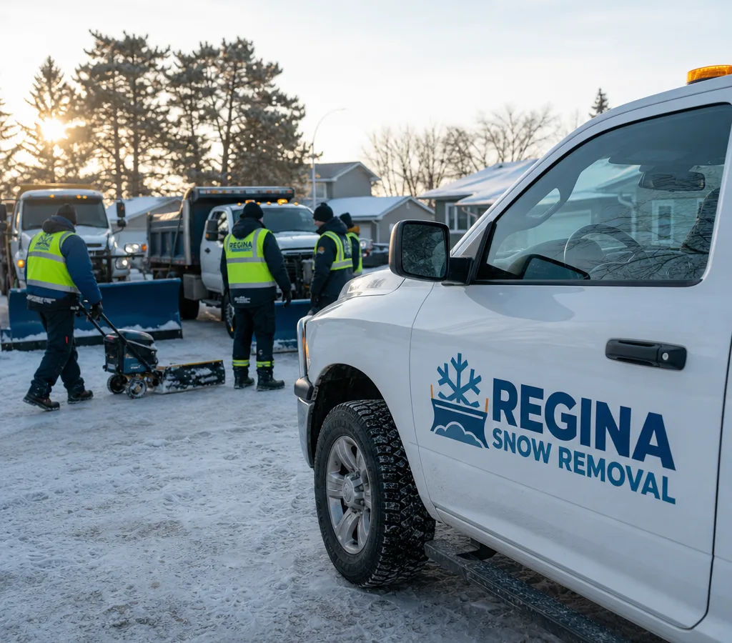 Snow removal crew in high-visibility gear staging beside plow trucks and sidewalk equipment in Regina