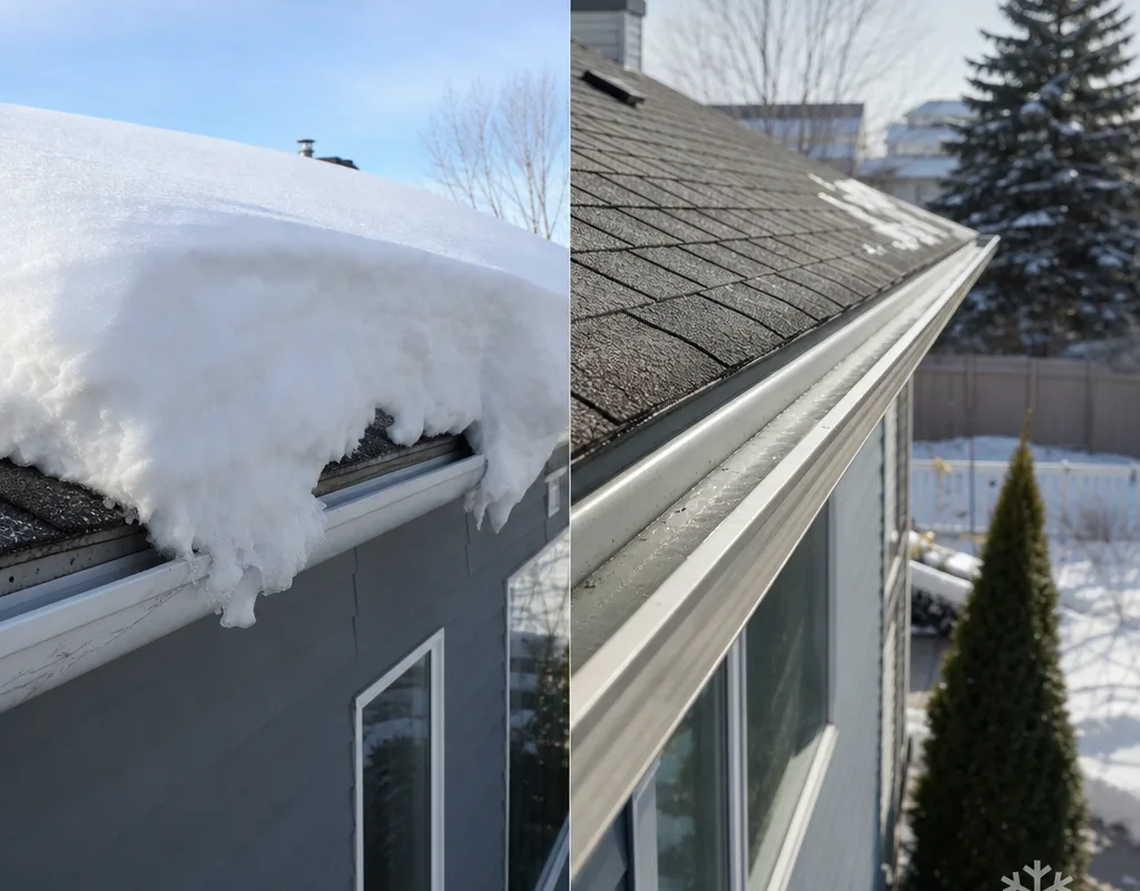 Roof edge before and after snow removal with the eaves and gutter drainage line cleared