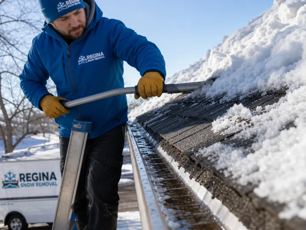 Roof eave with a cleared drainage channel and protective snow layer left above the gutter