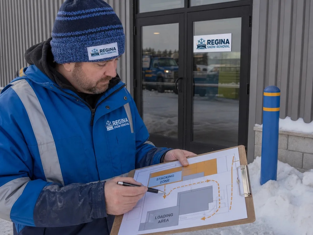 Site supervisor reviewing marked snow-stacking zones and access routes near a commercial entrance