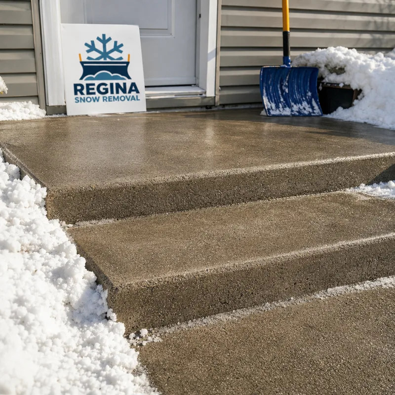 Fully cleared front landing, steps, and wide walkway with visible edges for safer footing