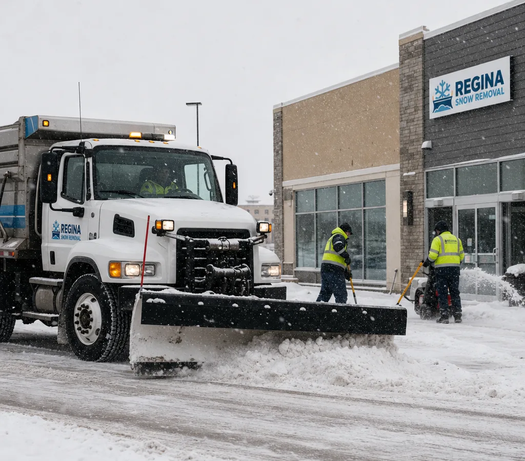 Snow removal crew clearing a Regina commercial entrance and sidewalks during active snowfall