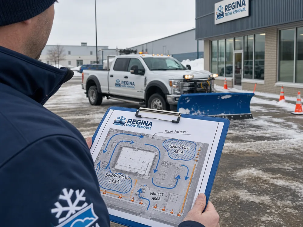 Marked site map showing a Regina commercial lot plow pattern and designated snow pile areas