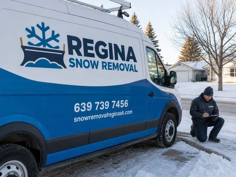 Technician inspecting a Regina driveway entrance for drifting and windrows